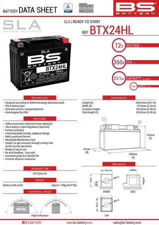 Bs akumulator btx24hl (fa) (ytx24hl-bs) 12v 21ah 205x87x162 bezobsługowy - zalany (350a) (4) - zastępuje 300755