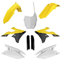 WYPRZEDAŻ KOMPLET PLASTIKÓW (FULL KIT) SUZUKI RMZ 250 '19-'24; RMZ 450 '18-'24 W ZESTAWIE TABLICA PRZEDNIA (8666100002) I OSŁONY AMORTYZARORÓW (8398300002) KOLOR ŻÓŁTY CZARNY BIAŁY OEM