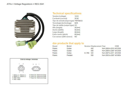 Dze regulator napięcia polaris predator 500 '03-'07, outlaw 400/500/525 '06-'11 12v 35a (oem-4010654, 4012536) (esr541)
