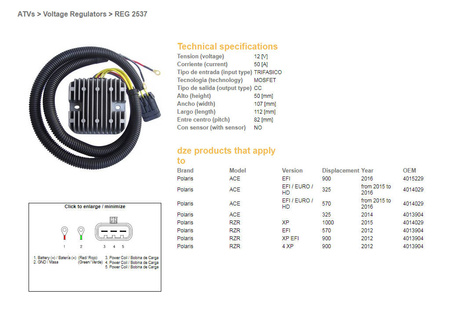 Dze regulator napięcia polaris ace 325 efi '14-'16, 570 efi '15-'16, 900 '16, rzr 570/900 '12, rzr 1000 efi '15, 12v 50a (mosfet) (oem 4013904, 4014029 (esr827)