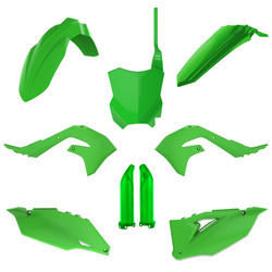 KOMPLET PLASTIKÓW (FULL KIT) KAWASAKI KXF 250 '21-'24 KXF 450 '19-'23 W ZESTAWIE TABLICA PRZEDNIA (8665900001) I OSŁONY AMORTYZARORÓW (8351800005) KOLOR ZIELONY