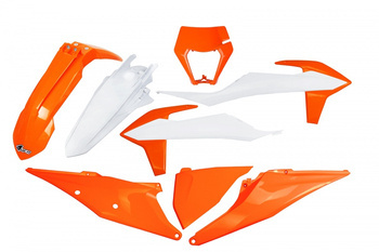 Komplet Plastików Ktm Exc 125 '20-'21, Exc 250 / 300 '20-'23, Exc-F 250 / 350 / 450 / 500 '20-'23 Z Osłoną Lampy Kolor Oem '23 (Biały/Pomarańczowy)