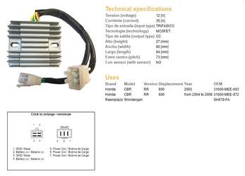 Dze regulator napięcia honda cbr600rr '04-'06 (sh678-fa) (31600-mee-872)