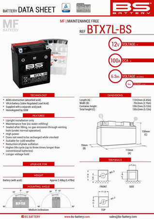 Bs akumulator btx7l-bs (ytx7l-bs) 12v 6ah 144x71x131 bezobsługowy - elektrolit osobno (85a) (6) ue2019/1148