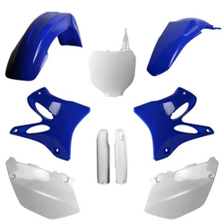 KOMPLET PLASTIKÓW (FULL KIT) YAMAHA YZ 125/250 '05 W ZESTAWIE TABLICA PRZEDNIA (8658000001) I OSŁONY AMORTYZARORÓW (8398100001) KOLOR NIEBIESKI BIAŁY OEM