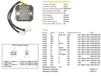 Dze regulator napięcia honda vf 750 c '94-'03, ntv 650 '88-'97, cbr600f '87-'90, cb1300 '98-'02 (esr530;esr531) (sh593a-12, sh583-12)
