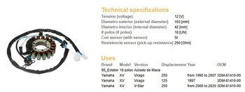 Uzwojenie alternatora stator yamaha xv 250 virago '95-07, xv 250 v-star '08-20, xv 125 virago '97, (oem 3dm-81410-00)