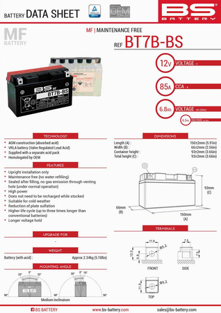 Bs akumulator bt7b-bs (yt7b-bs) 12v 6,5ah 150x65x93 bezobsługowy - elektrolit osobno (85a) (8) ue2019/1148