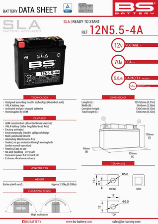 Bs akumulator 12n5,5-4a (fa) (12n5,5-4a) 12v 5,5ah 138x61x131 bezobsługowy - zalany (70a) (6)