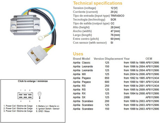 Dze regulator napięcia aprilia pegaso 600/650 90-95, rs125 95-09 (20a), leonardo, scarabeo (esr087)