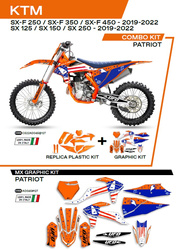Komplet plastików plukomplet naklejek (oklein) ktm sx/sxf 125/150/250/350/450 '19-'22 w zestawie przednia tablica (kt04094) oraz osłony amortyzatorów (kt04055) patriot kolor pomarańczowy