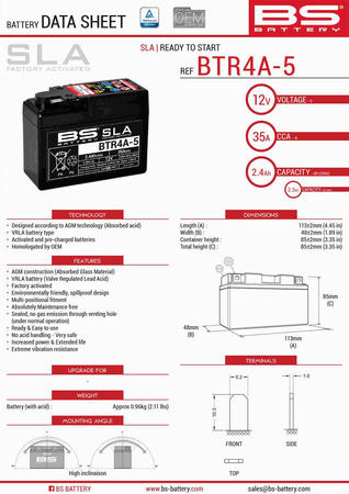 Bs akumulator btr4a-5 (fa ) (ytr4a-bs) 12v 2,3ah 113x48x85x bezobsługowy - zalany (35a)