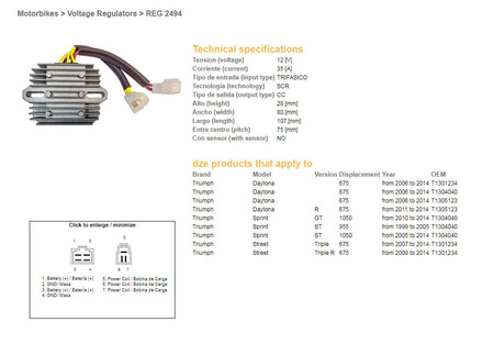 Dze regulator napięcia triumph daytona 675 '06-14, sprint 995/1050 '99-'14, street triple 675 '07-'14 (t1301234, t1304040, t1305123) (esr536)