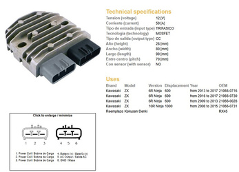 Dze regulator napięcia kawasaki zx6r '09-'17, zx10r '08-'15 12v 50a (mosfet) (esr596)