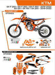 Komplet plastików plukomplet naklejek (oklein) ktm sx/sxf 125/150/250/350/450 '19-'22 w zestawie przednia tablica (kt04094) oraz osłony amortyzatorów (kt04055) stokekolor pomarańczowy