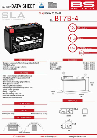 Bs akumulator bt7b-4 (fa) (yt7b4) 12v 6,5ah 148x64x90 bezobsługowy - zalany (85a) (8)