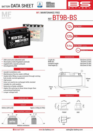 Bs akumulator bt9b-bs (yt9b-bs) 12v 8ah 150x70x105 bezobsługowy - elektrolit osobno (120a) (6) ue2019/1148