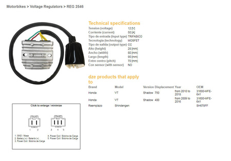 Dze regulator napięcia honda vt 750c shadow '10-'18 (31600-mfe-641) 12v50a (mosfet)