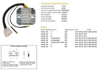 Dze regulator napięcia honda cb750 four 69-78, cb350/400/500/550 four 71-78 (esr240)