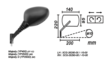 Lusterko Lewe Yamahamajesty Yp400 2007-2012 Yp250d 1998-99 Power Force