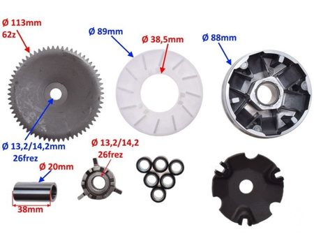 Wariator GY6 139QMB 4T wał 13,2 mm rolki 13x16 7g skuter 50