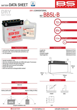 Bs akumulator bb5l-b (yb5l-b) (12n5-3b) 12v 5ah 120x60x130 obsługowy - elektrolit osobno (65a) (6) ue2019/1148