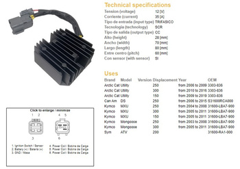 Dze regulator napięcia kymco mxu 150/250/300 '04-'11, can am ds 250 '06-'15 12v 35a (31600-lba7-900) (esr344)