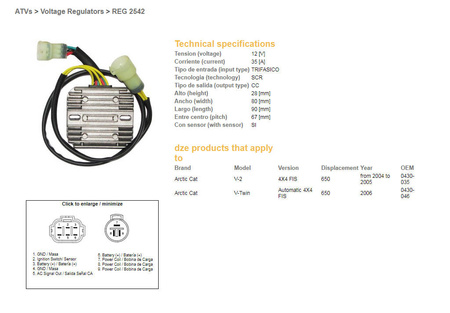 Dze regulator napięcia arctic cat 650 '04-'06 (oem-0430-035, 0430-046) 12v35a