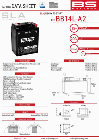 Bs akumulator bb14l-a2 (fa) (yb14l-a2,yb14l-b2) 12v 14ah 135x91x167 bezobsługowy - zalany (210a) (4) - zastępuje 300835