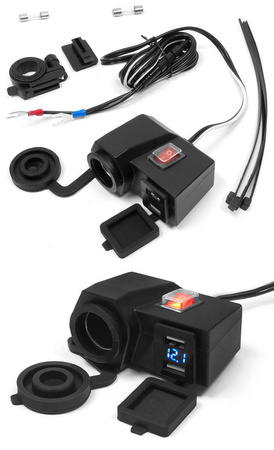 Motocyklowe gniazdo zapalniczki z dwoma gniazdami usb z wyłącznikiem montaż na kierownicę/rurkę - mus06