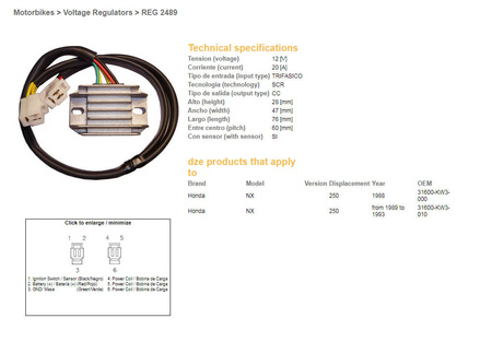 Dze regulator napięcia honda nx250 '88-93 (31600-kw3-000, 31600-kw3-010)