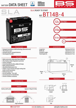 Bs akumulator bt14b-4 (fa) (yt14b4) 12v 12ah 150x69x145 bezobsługowy - zalany (210a) (4)
