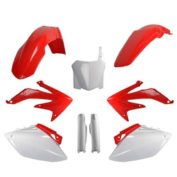 KOMPLET PLASTIKÓW (FULL KIT) HONDA CRF 450R '08 W ZESTAWIE TABLICA PRZEDNIA (8657500001) I OSŁONY AMORTYZARORÓW (8351700001) KOLOR CZERWONO BIAŁY OEM