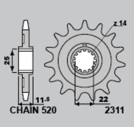 zębatka przednia 2311 13 sherco 250 se/se-r '14-'16, 250se-f '13-'14, 300 se/se-r '13-'17, 450 se f-r '15-21, 500 se f-r '21 (łańc. 520) (wielokilin 14 z.)