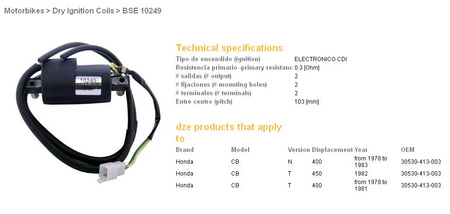 Dze cewka zapłonowa honda cb 400 '78-83, cb 450 nighthawk '82-85 (oem 30530-413-003)
