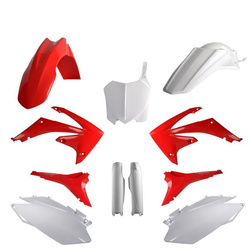 KOMPLET PLASTIKÓW (FULL KIT) HONDA CRF 250R '11-'13; CRF 450R '11-'12 W ZESTAWIE TABLICA PRZEDNIA (8656700001) I OSŁONY AMORTYZARORÓW (8351700001) KOLOR CZERWONO BIAŁY OEM