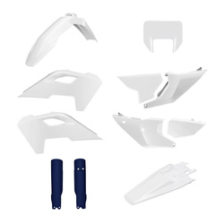KOMPLET PLASTIKÓW (FULL KIT) HUSQVARNA TE/FE TPI '24-'25 W ZESTAWIE OSŁONA LAMPY PRZEDNIEJ (8681500001) I OSŁONY AMORTYZATORÓW (8352500008) KOLOR BIAŁY NIEBIESKI OEM '25