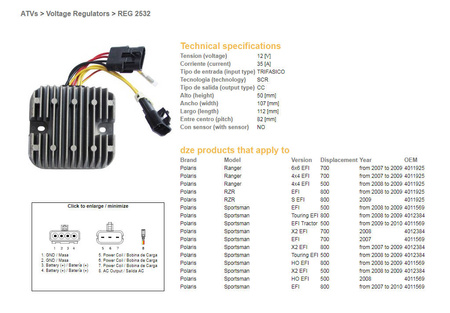 Dze regulator napięcia polaris sportsman efi 500/700/800, ranger efi 500/700/800 (12v/35a) (4012384, 4011569, 4011925) (esr826)
