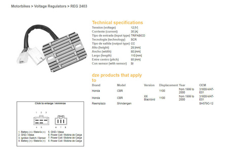 Dze regulator napięcia honda cbr1100xx 99-00 (31600-mat-e01) (sh579c-12) (esr684)