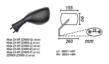 Lusterko lewe kawasaki zx-6r/zx-9r/zzr600 1999-08 power force