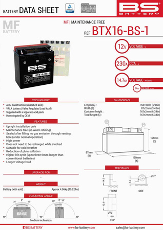 Bs akumulator btx16-bs1 (ytx16-bs-1) 12v 14ah 152x88x161 bezobsługowy - elektrolit osobno (230a) (4) ue2019/1148