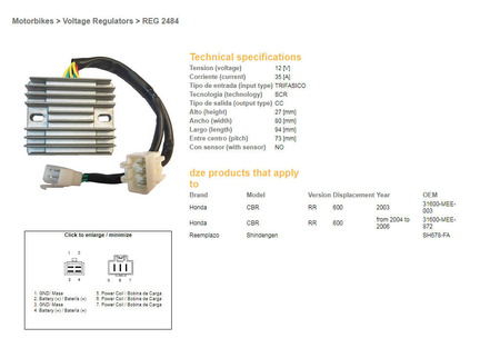 Dze regulator napięcia honda cbr600rr '04-'06 (sh678-fa) (31600-mee-872)