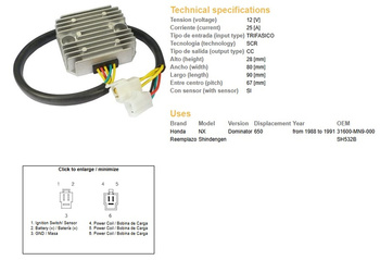 Dze regulator napięcia honda cb 250/400/450 ,xbr 500, xl 600 lm, nx 650 dominator '88-91 (sh532b)
