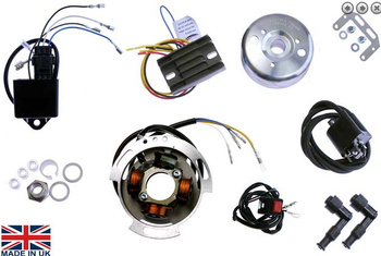 ZESTAW ZAPŁONOWY WIRNIK, (KOŁO MAGNESOWE) UZWOJENIE ALTERNATORA, REGULATOR NAPIĘCIA, CEWKI ZAPLONOWE, FAJKI ŚWIEC BSA A50, A65, TRIUMPH T100, T110, T120, ROYAL ENFIELD INTERCEPTOR, NORTON COMMANDO