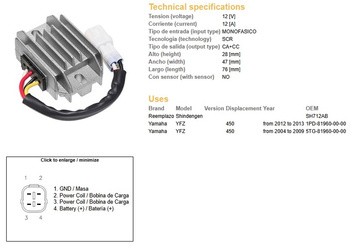 Dze regulator napięcia yamaha yfz450 04-09, 12-13 (sh712ab) (5tg-81960-00-00) (1pd-81960-00-00) (12a)