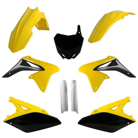 KOMPLET PLASTIKÓW (FULL KIT) SUZUKI RMZ 250 '10-'18 W ZESTAWIE TABLICA PRZEDNIA (8660400002) I OSŁONY AMORTYZARORÓW (8398300001) KOLOR ŻÓŁTY BIAŁY CZARNY