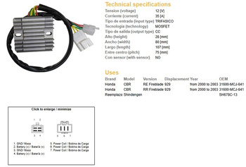 Dze regulator napięcia honda cbr600rr 03-06, cbr900 rr (929) 00-01, cb900 hornet 02-07 (sh678c-13) (esr436;esr430)