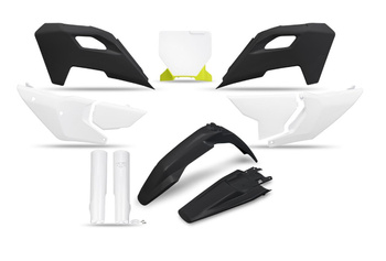 KOMPLET PLASTIKÓW (FULL KIT) Z OSŁONAMI TELESKOPÓW (AMORTYZATORÓW) HUSQVARNA TC 125 / 250 '23-'24, FC 250 / 350 / 450 '23-'24, FX 350 / 450 '23-'24, TX 300 '24, KOLOR CZARNY / BIAŁY