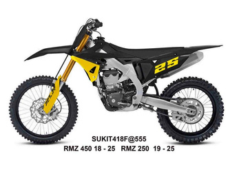 KOMPLET PLASTIKÓW (FULL KIT) Z OSŁONAMI TELESKOPÓW (AMORTYZATORÓW) SUZUKI RMZ 250 '19-'25, RMZ 450 '18-'25 KOLOR ŻÓŁTY / CZARNY