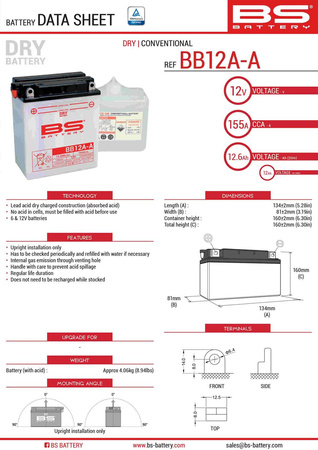 Bs akumulator bb12a-a (yb12a-a) 12v 12ah 134x81x160 obsługowy - elektrolit osobno (155a) (4) ue2019/1148